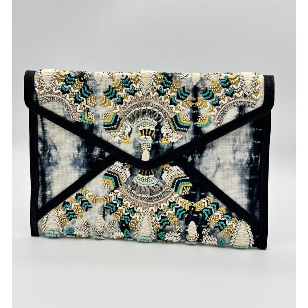 Rebecca Minkoff Beaded Tie Dye‎ Envelope Clutch Statement Boho Luxe Bag Indigo